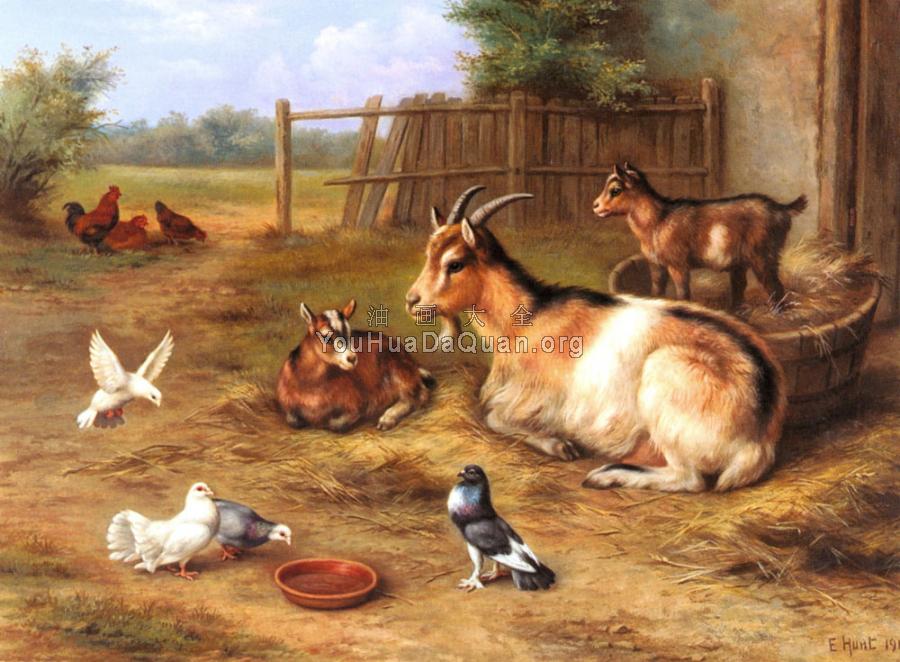A farmyard Scene With Goats Chickens Doves - 埃德加·亨特